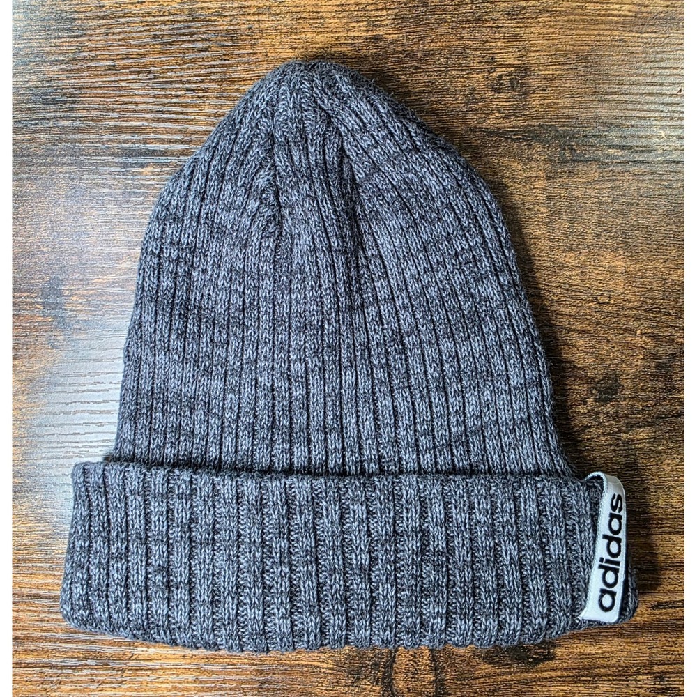 Adidas Ribbed Knit Beanie Charcoal Gray Marl Cuffed Logo Hat RN 90288 OSFW
